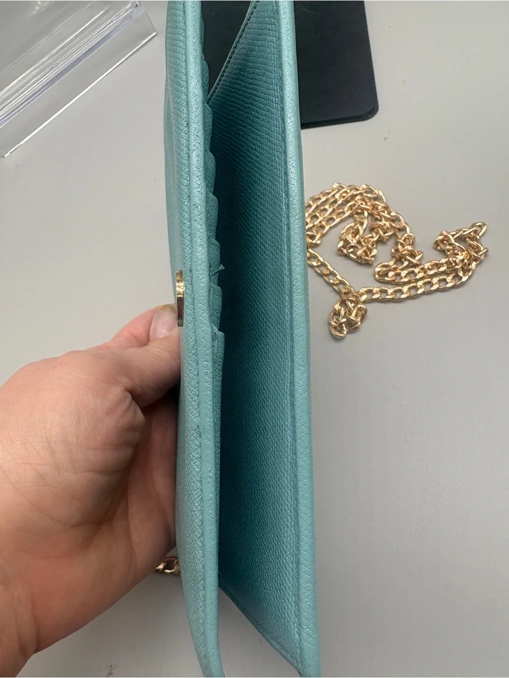 Authentic Chanel Light Turquoise Caviar Wallet – Converted WOC – Entrupy COA